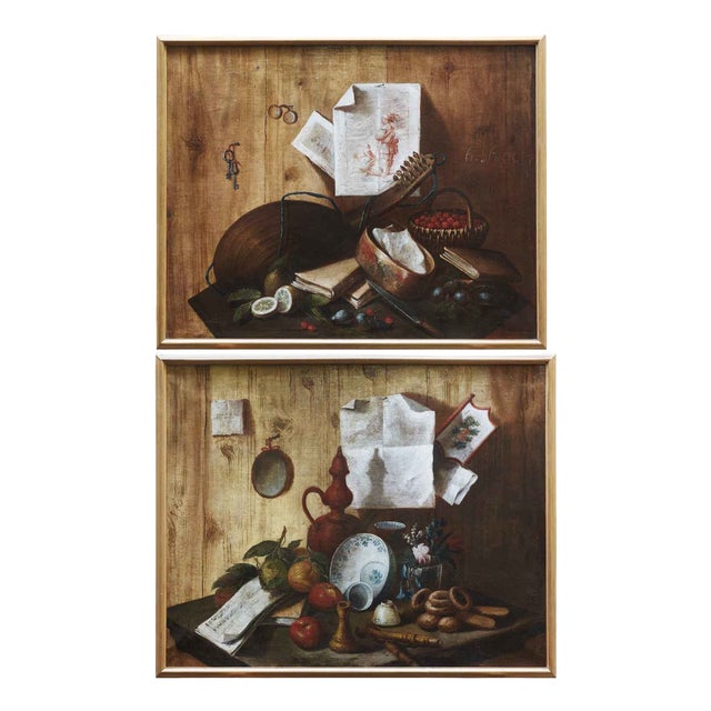 Trompe l'Oeil Still Lifes, 18th Century, Oil on Canvases, Set of 2 For Sale