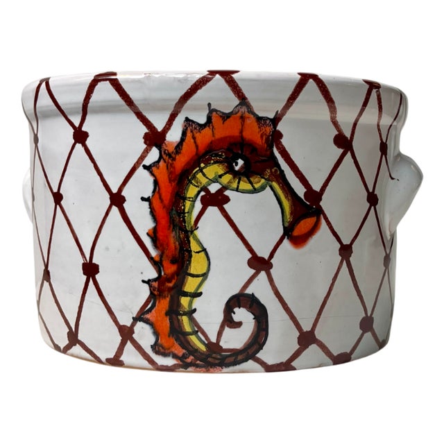Italian Hand-Painted Ceramic Planter with Seahorse, 1960s For Sale