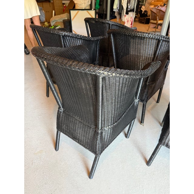 Set of 5 Lamberts Black Wicker Arm Chairs With Custom Perennials Seat Cushions For Sale - Image 4 of 14