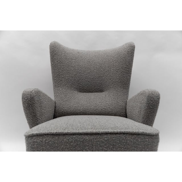 Wood Large Grey Boucle Fabric Wingback Armchair, Italy, 1950s For Sale - Image 7 of 10