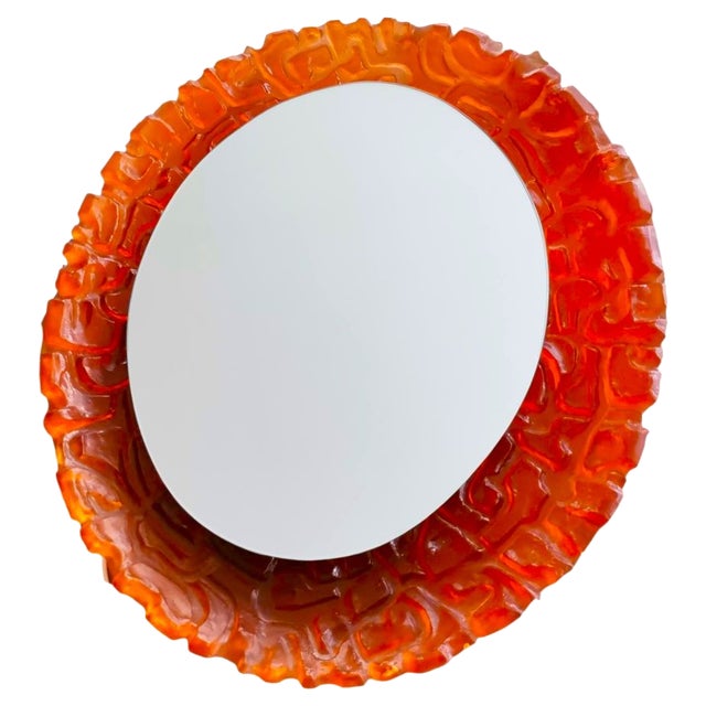Large Mid-Century German Modern Oval Orange Acrylic Backlit Wall Mirror Light attributed to Hillebrand, 1970s For Sale