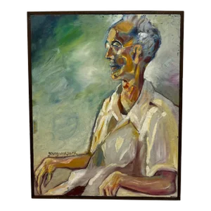 Elderly Asian Man Deep in Thought, Original Framed Oil on Canvas, by Youngsook Park, Circa 2000s