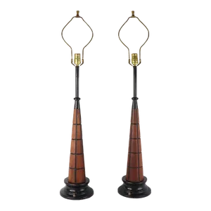 Vintage 1960s Mid-Century Modern Gruvwood Walnut Wood Metal Table Lamps - a Pair