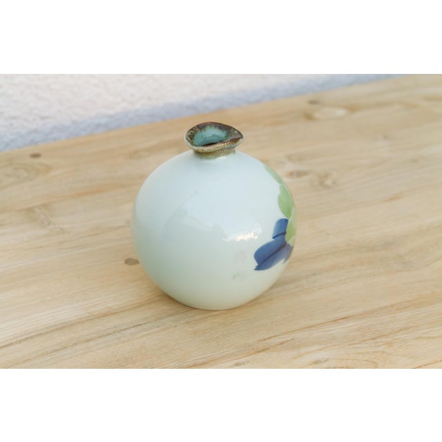 Hand-Painted Green & Blue Porcelain Vase For Sale In Los Angeles - Image 6 of 7