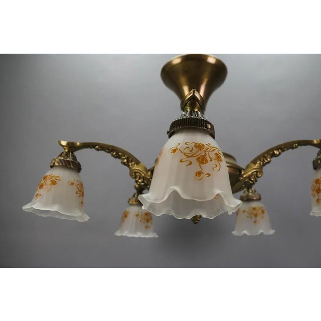 Art Nouveau Brass and Bronze Five-Light Chandelier with Frosted Glass Shades For Sale - Image 4 of 18