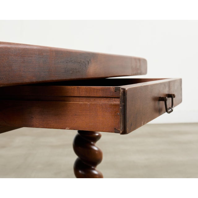 Country French Oak Farmhouse Barley Twist Trestle Dining Table For Sale - Image 11 of 18