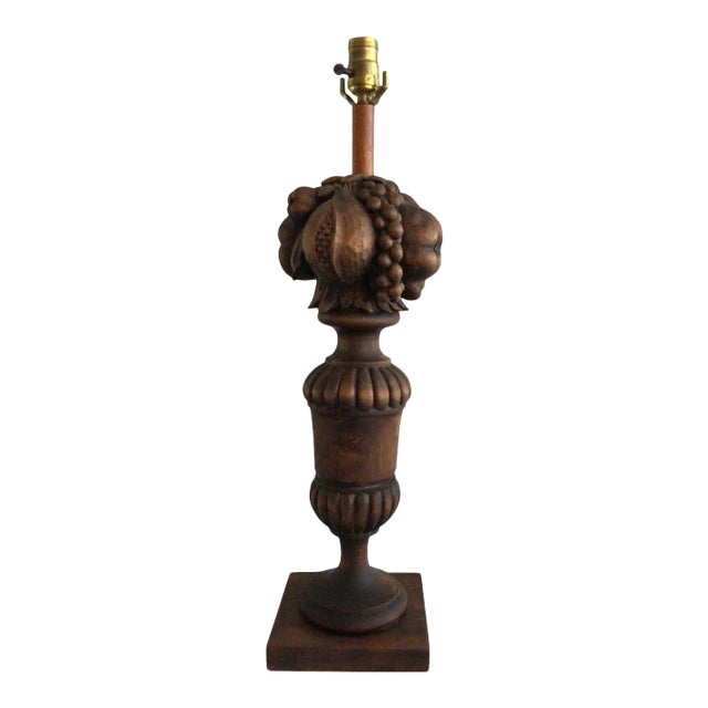 1950s Carved Wood Lamp For Sale