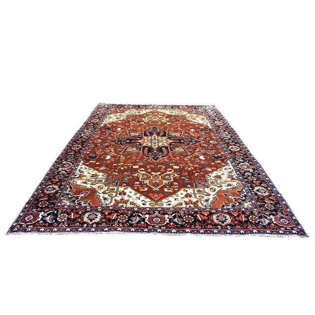 1950s Vintage Persian Heriz 10x13 Red, Navy, & Ivory Handmade Area Rug #9901667 For Sale - Image 5 of 13
