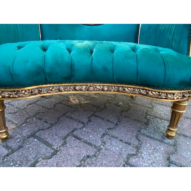Wood 1980 French Artisan Louis XVI Gold Green Velvet Settee For Sale - Image 7 of 12