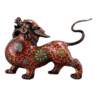 Vintage Cloisonne Enamel Mythical Beast Figure – 11.8" Qilin Sculpture For Sale