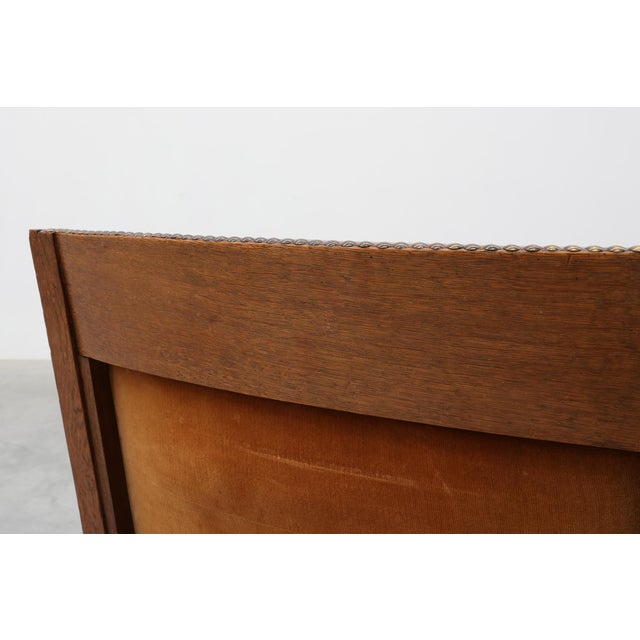 Art Deco Oak Lounge Chair with Woven Leather Back and Ochre Velvet, Belgium, 1920s For Sale - Image 9 of 15