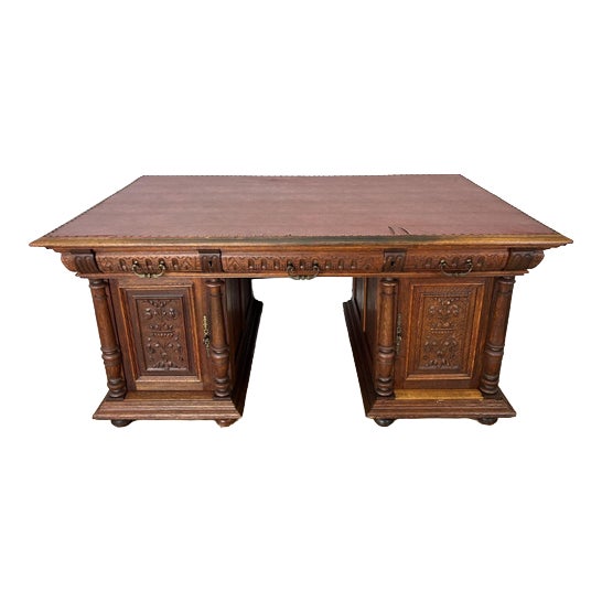 Antique French Style Oak Double Sided Carved Pedestal Desk For Sale