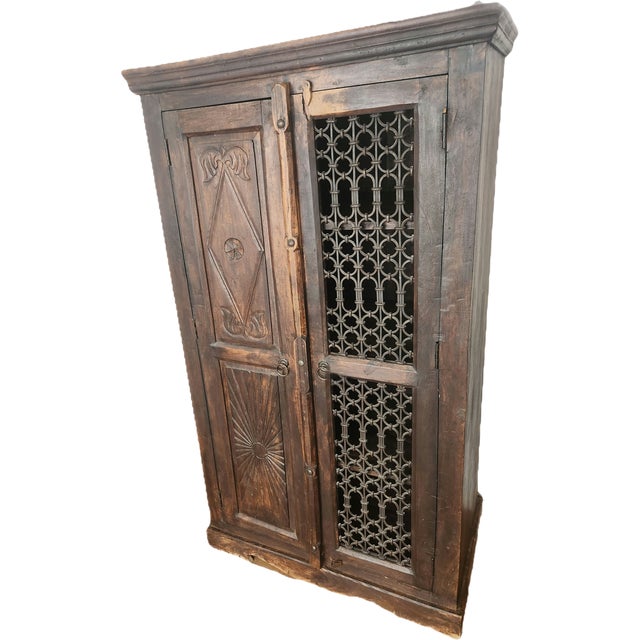 Wood Antique Hand-Carved Wood Wardrobe with Carved Doors and Iron Grille, Bali, Indonesia, 1920s For Sale - Image 7 of 18