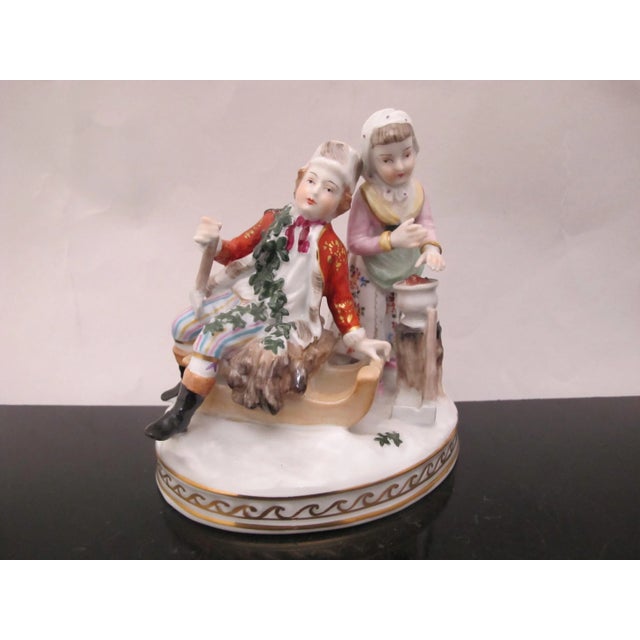 Dresden Winter Couple on Sled W/Hatchet Soup Porcelain Miniature Figurine For Sale - Image 10 of 10