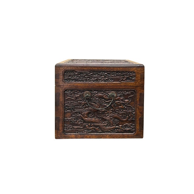 1990s Oriental Dragons Motif Treasure Chest Box Distressed Brown Color Wood For Sale - Image 5 of 12
