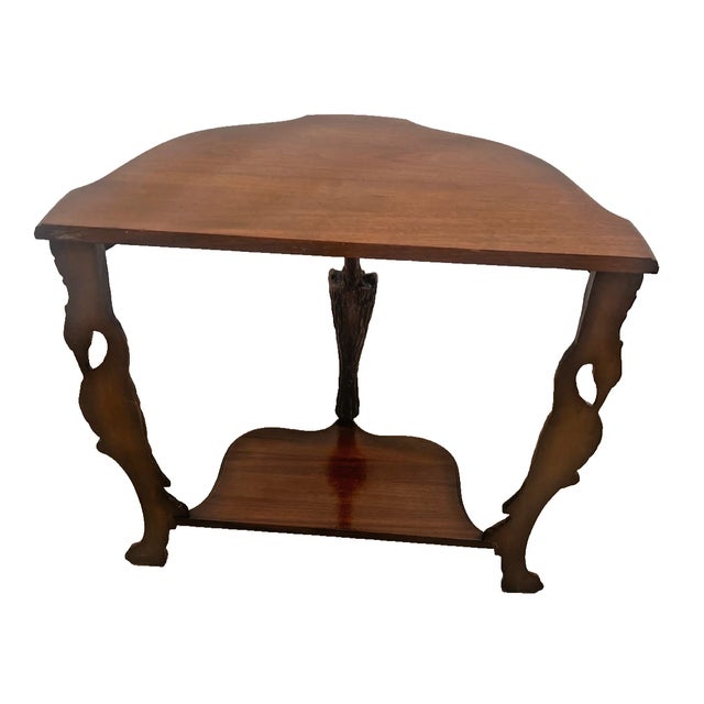 Vintage Demilune Console Half Moon Table, Walnut Top, Bottom Shelf, Carved Swan For Sale In Palm Springs - Image 6 of 12