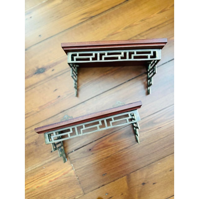 Chinoiserie Vintage Pair of Chinoiserie Greek Key Brass and Wood Wall Shelves or Brackets For Sale - Image 3 of 7