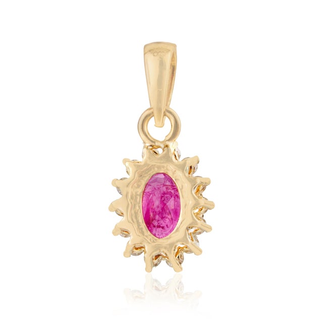 Peitite Certified Natural Ruby & Diamond Halo Cluster Pendant in 14k Yellow Gold For Sale - Image 9 of 14