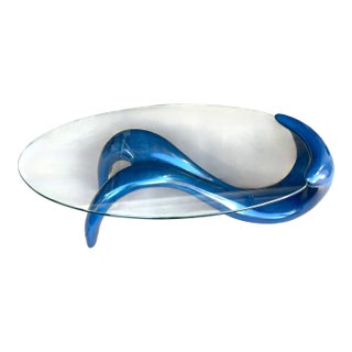 Postmodern Sculptural Navy Blue Coffee Table With Oval Glass Top For Sale