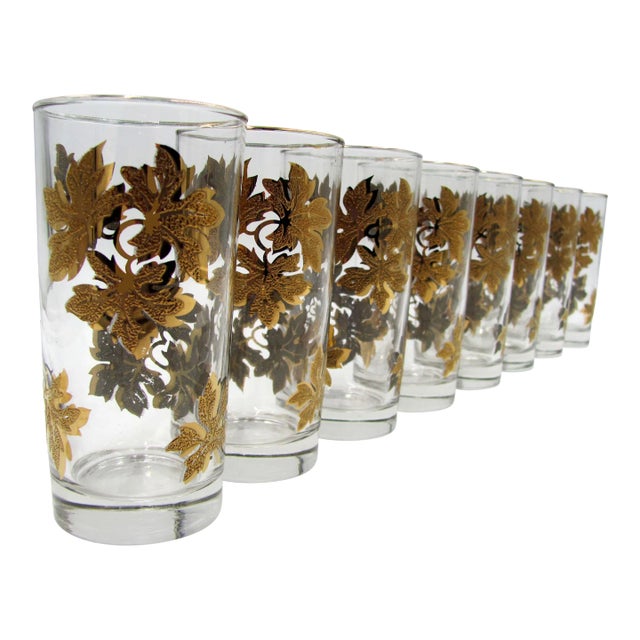 1960 American Textured Gold Leaf Leaves Vine Glass Tumblers - Set of 8 For Sale