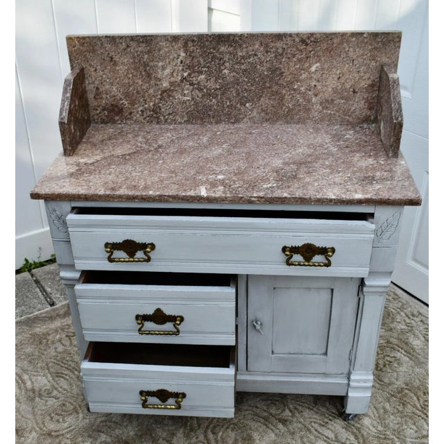 Antique Walnut Washstand Commode Pink Marble Top Gray Cottage Distressed 1880s For Sale In Philadelphia - Image 6 of 12