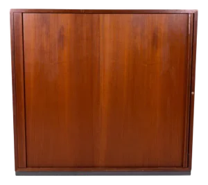 Vintage Wooden Cabinet with Sliding Roll-Top Door and Adjustable Shelves