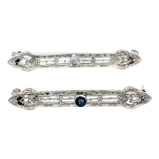 Vintage Solid Gold Bar Brooch Pair With Diamond & Sapphire Accents For Sale