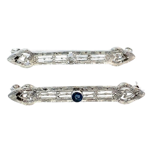 Vintage Solid Gold Bar Brooch Pair With Diamond & Sapphire Accents For Sale