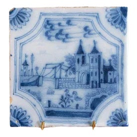 Blue & White Landscape Tile in Dutch Delftware, 18th Century For Sale