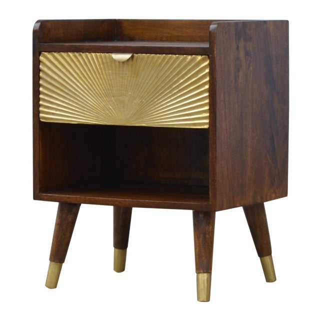 This refined nightstand pairs warm chestnut mango wood with a brass-plated drawer front for a subtle touch of modern...