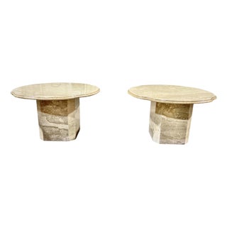 Pair of 1970s Italian Travertine Scalloped Edge Pedestal End Tables For Sale