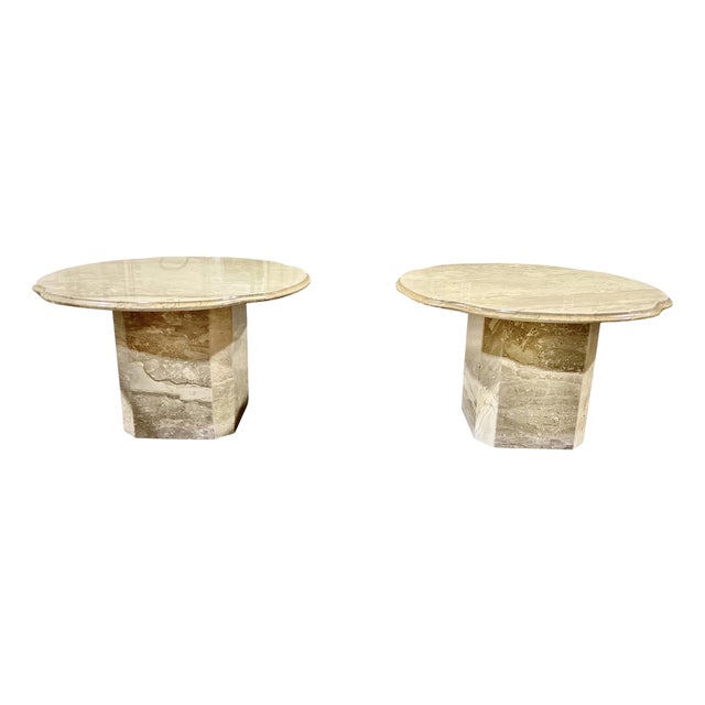 Pair of 1970s Italian Travertine Scalloped Edge Pedestal End Tables For Sale