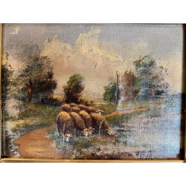 This listing is for a 19th century Italian pastoral landscape painting. The painting depicts a flock of sheep amongst...