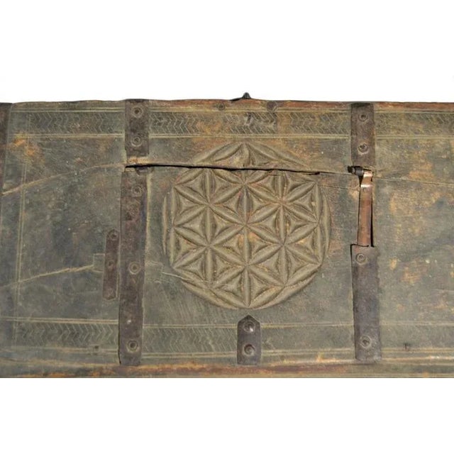 Wood Antique Indian Mughal Wood Dowry Chest With Carved Patterns, 19th Century For Sale - Image 7 of 9