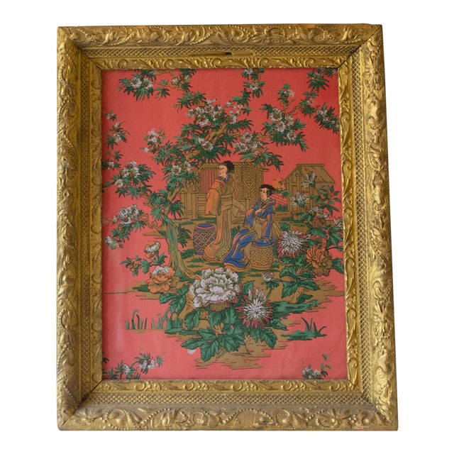 Antique Japanese Painting on Coral Rice Paper Framed For Sale