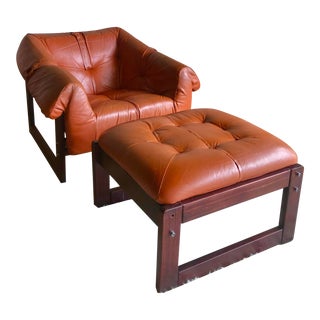 Mid Century Percival Lafer Brazilian Modern Cognac Leather and Rosewood Lounge Chair and Ottoman For Sale