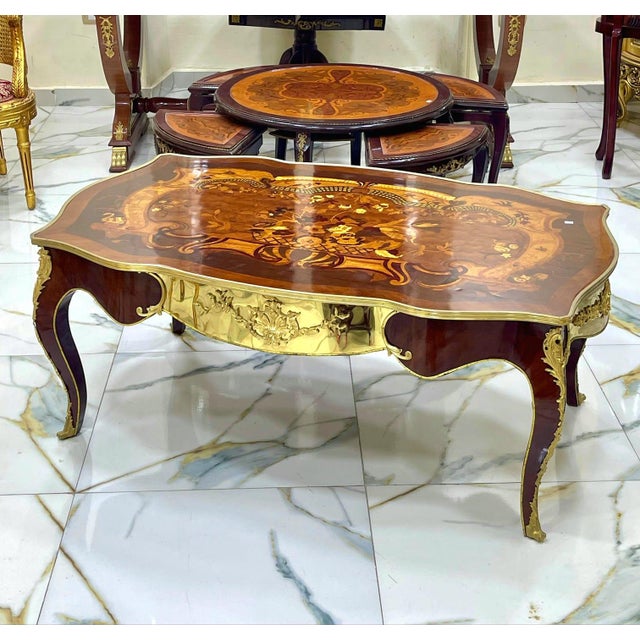 Rococo Monumental French Rococo Coffee Table With Marquetry Inlay & Gilded Bronze Mounts For Sale - Image 3 of 3
