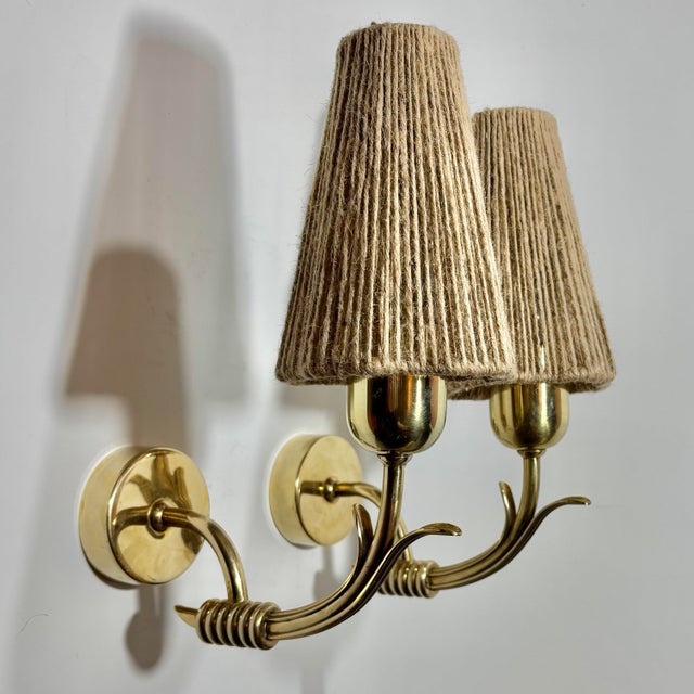 Scandinavian Modern Wall Lamps in Brass with Rope Shades, Sweden, 1940s, Set of 2 For Sale - Image 10 of 10