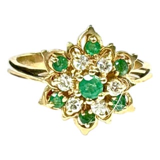 14k Gold Emerald and Diamond Floral Cluster Cocktail Ring Vintage For Sale
