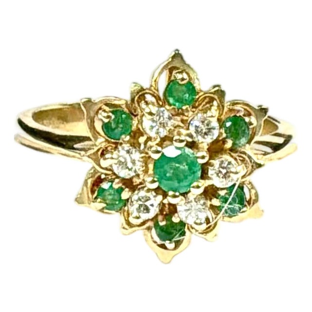 14k Gold Emerald and Diamond Floral Cluster Cocktail Ring Vintage For Sale
