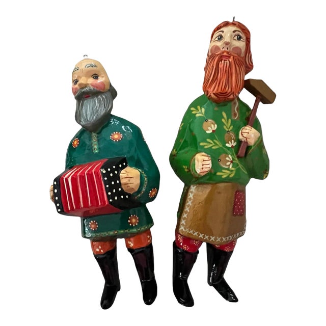 Pair of Vintage Ornaments Man With Accordion and Man With Tool German or Austrian For Sale