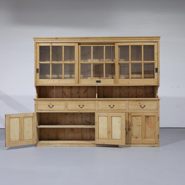 Wood Massive Antique Pine Glazed Dresser With Sliding Doors | Circa 1880 For Sale - Image 7 of 13