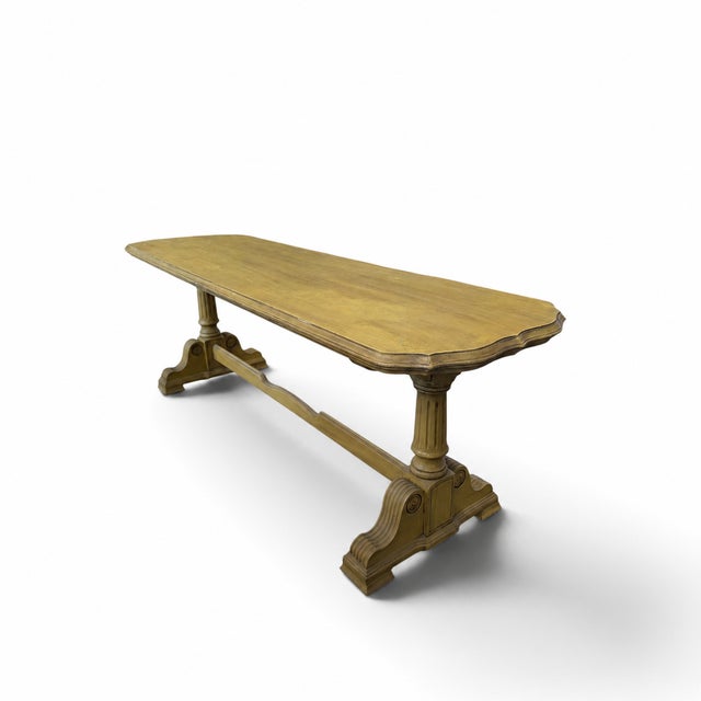 Vintage Butter Yellow Painted Trestle Sofa Table With Scalloped Top For Sale - Image 10 of 18