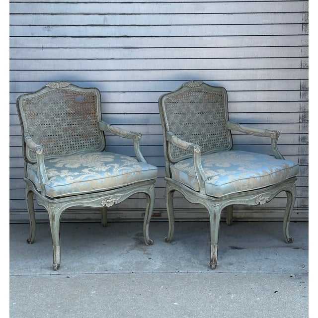 French Pair of Painted Louis XV Armchairs With Hand Caned Seats, France, Circa 1830 For Sale - Image 3 of 18