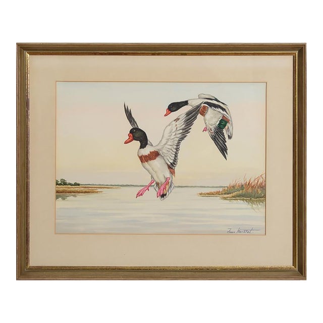Mid 20th Century Ducks in Flight Watercolour by Jean Herblet (1893-1985) Ex- c.z. Guest Collection For Sale
