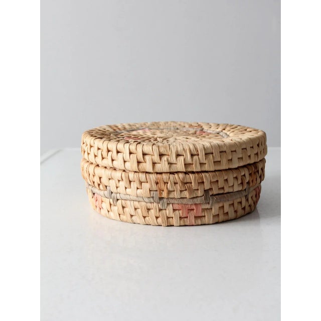 Shabby Chic Vintage Woven Pastel Round Basket Box For Sale - Image 3 of 11