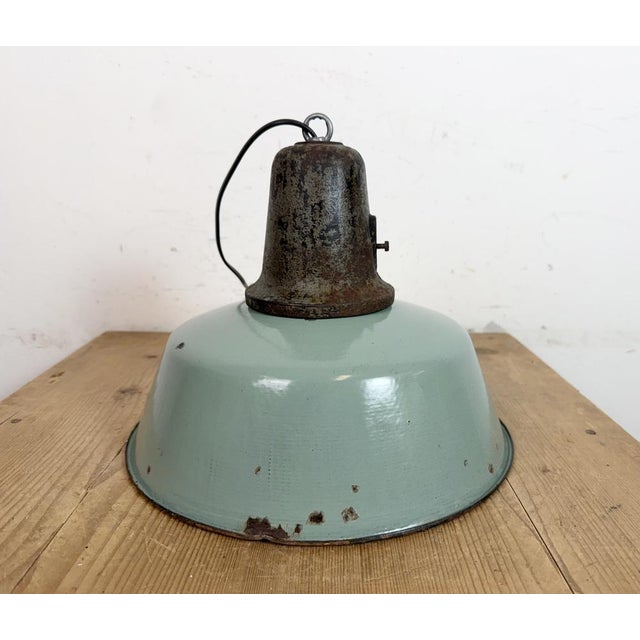 Industrial Petrol Enamel Factory Lamp with Cast Iron Top, 1960s For Sale - Image 13 of 18