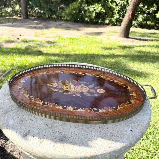 Vintage Italian Marquetry Wood Inlay and Brass Tray For Sale - Image 4 of 6