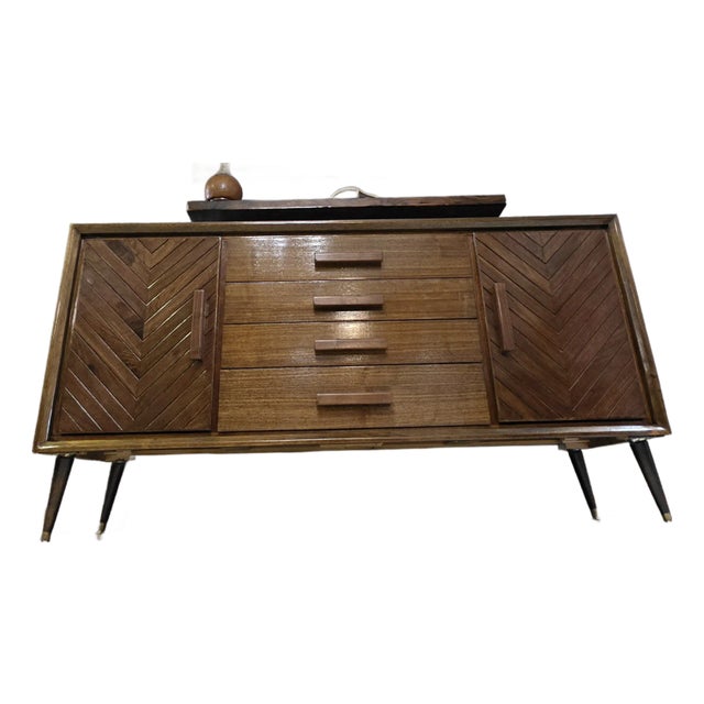 1960s Legacy Chevron Artisan Restored Walnut Credenza - 66" For Sale