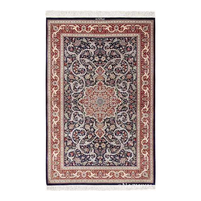 Nazmiyal Collection Scatter Formal Navy Blue Silk Persian Qum Rug For Sale